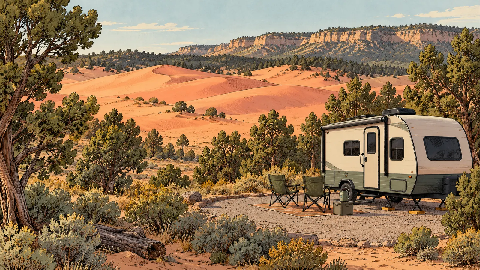 Travel trailer at a gravel campsite near junipers and pink dunes