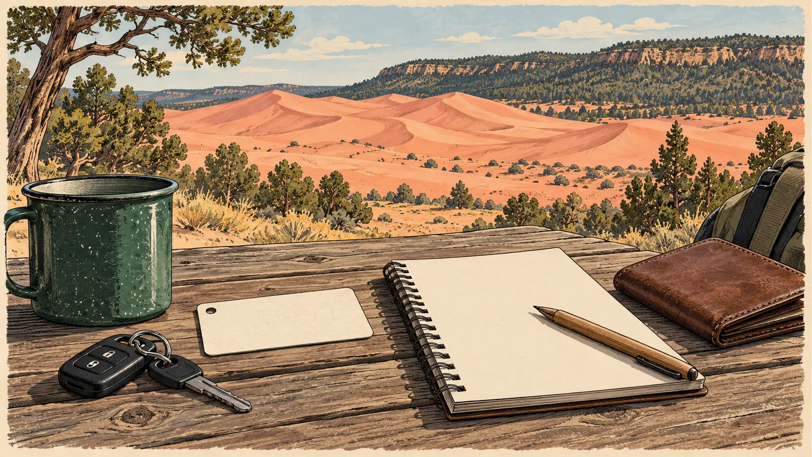 Wallet, keys and blank trip paperwork overlooking salmon-colored dunes