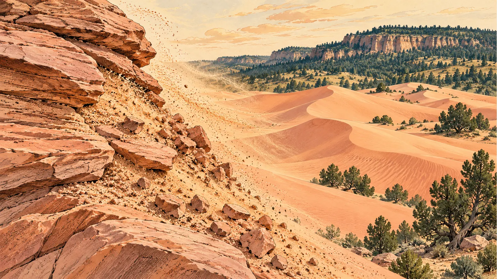 Weathered sandstone and windblown grains becoming pink dunes