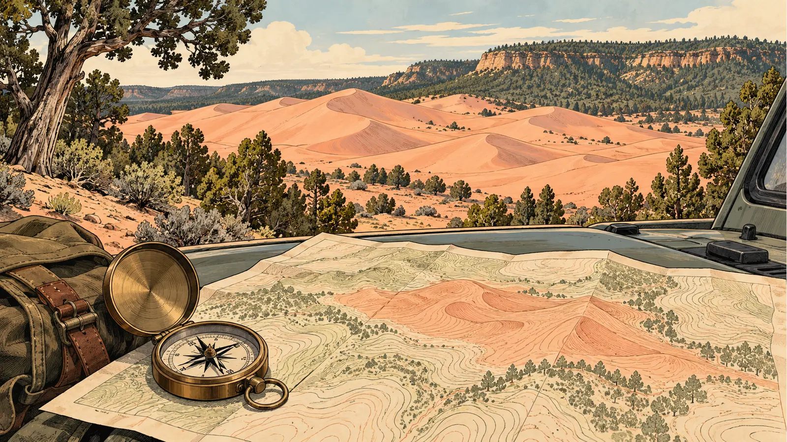 Compass and folded map overlooking pink dunes