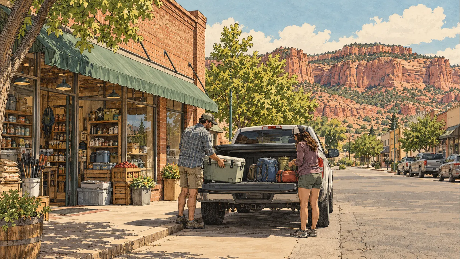 Travelers loading supplies beside a contemporary southern Utah storefront