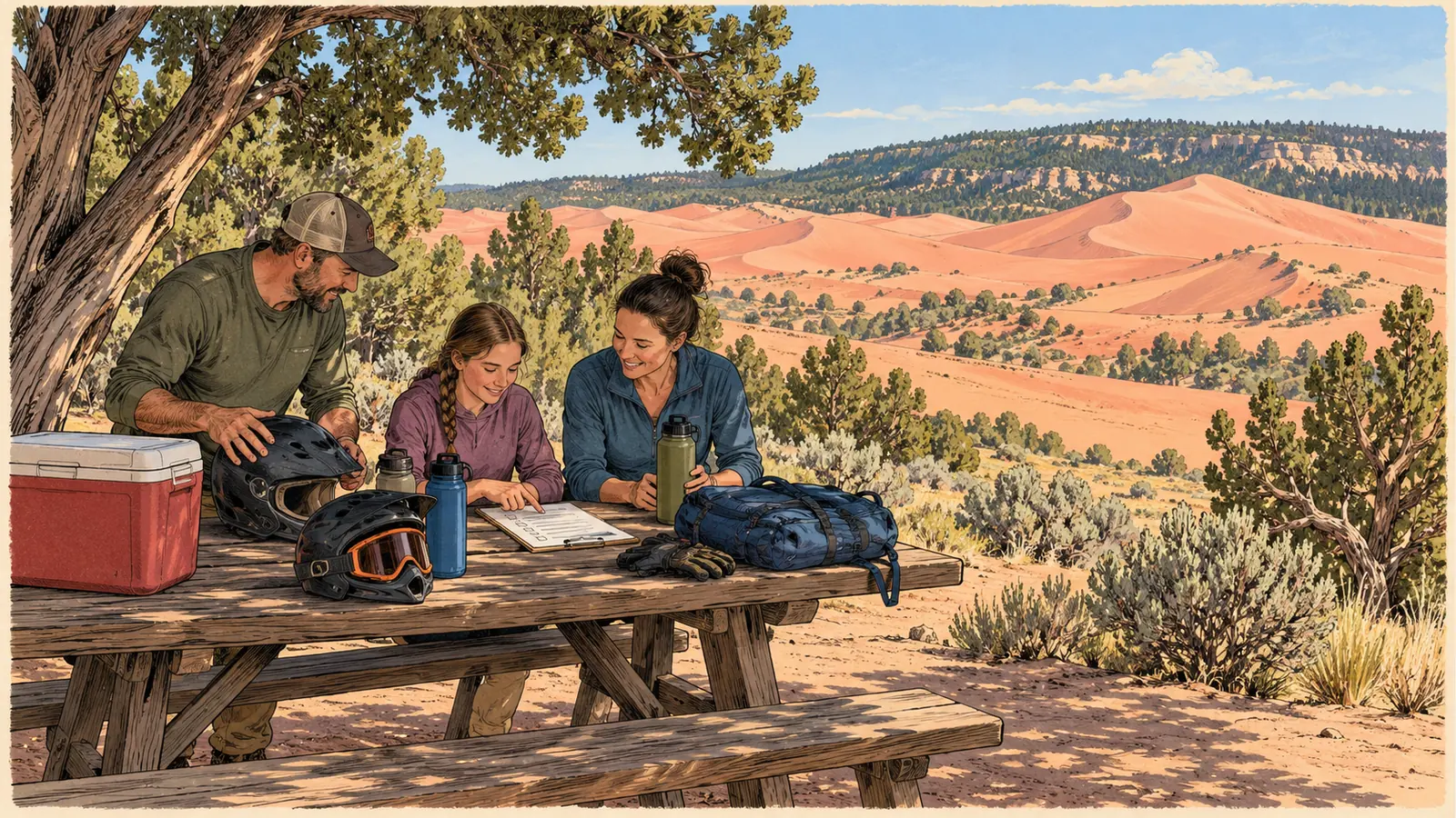 Family organizing helmets, water and a cooler at a picnic table
