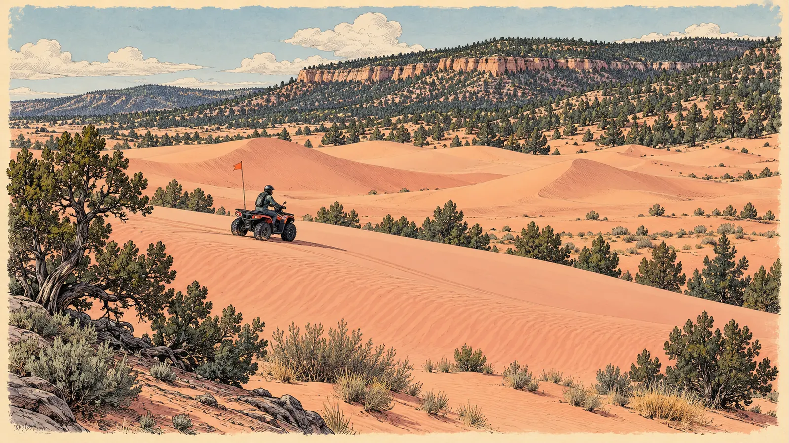 Helmeted ATV rider on pink sand beneath a wooded plateau