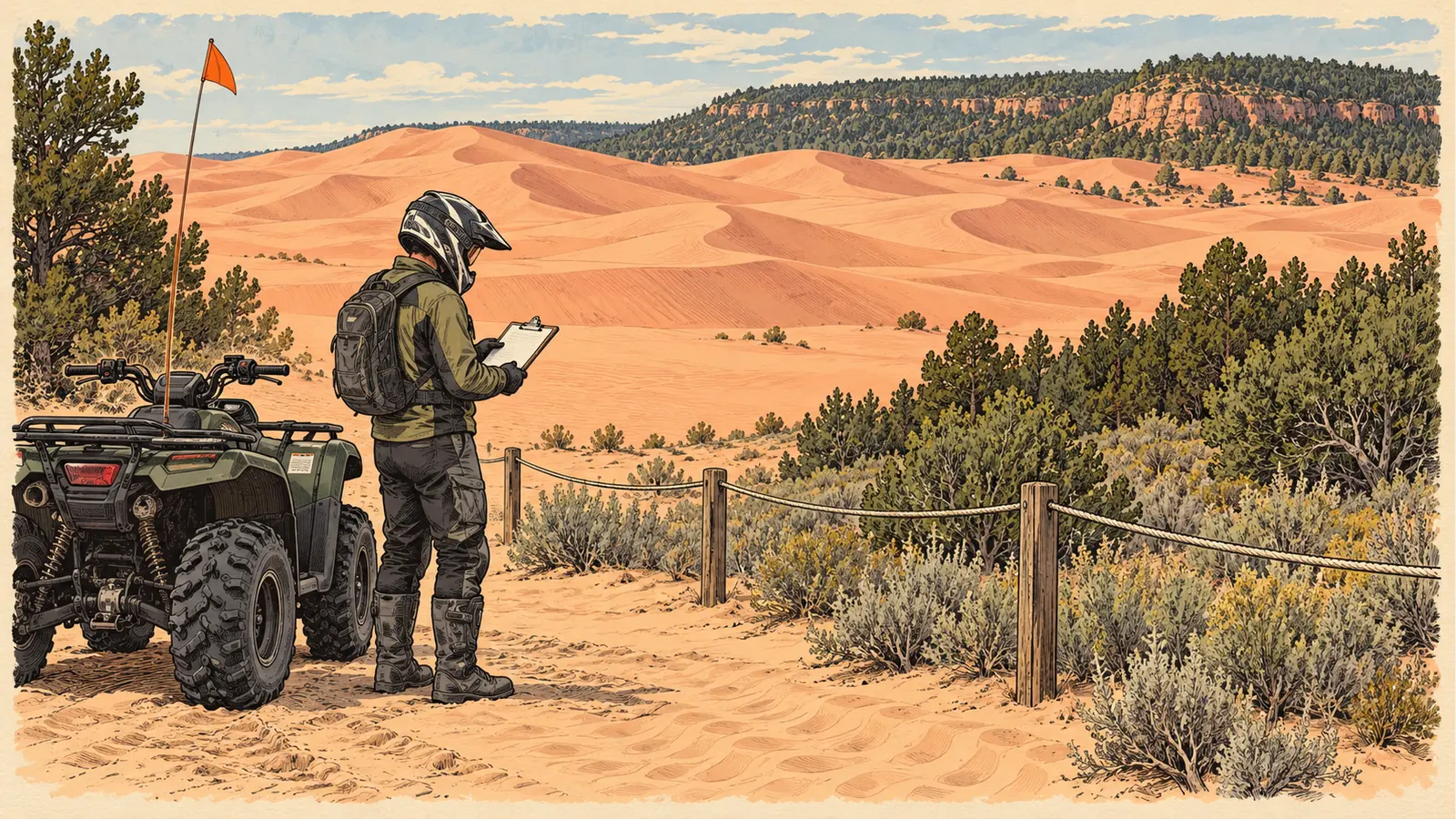Helmeted rider checking paperwork beside a parked ATV