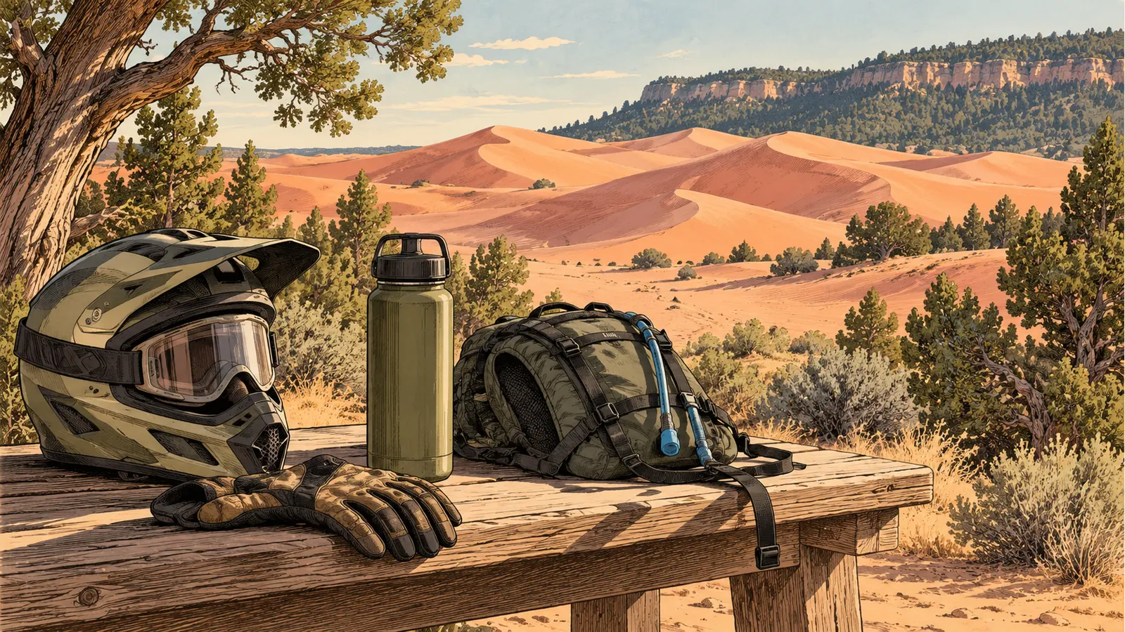 Helmet, goggles and hydration gear with pink dunes beyond