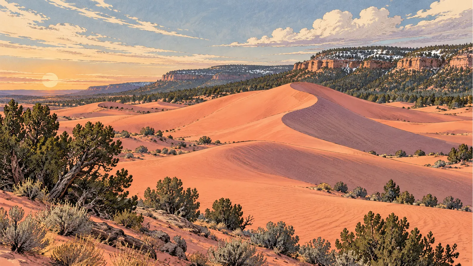 Pink dune ridges beneath a cool sky and wooded plateau