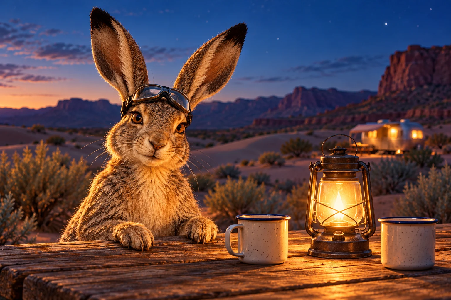 Jack sits at a picnic table beside a glowing lantern and enamel mugs, with a softly lit trailer beyond the sand.