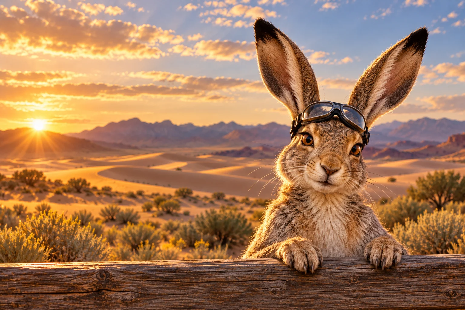 Utah Jack rests his paws on a weathered fence, with sunset lighting his long ears and forehead goggles.