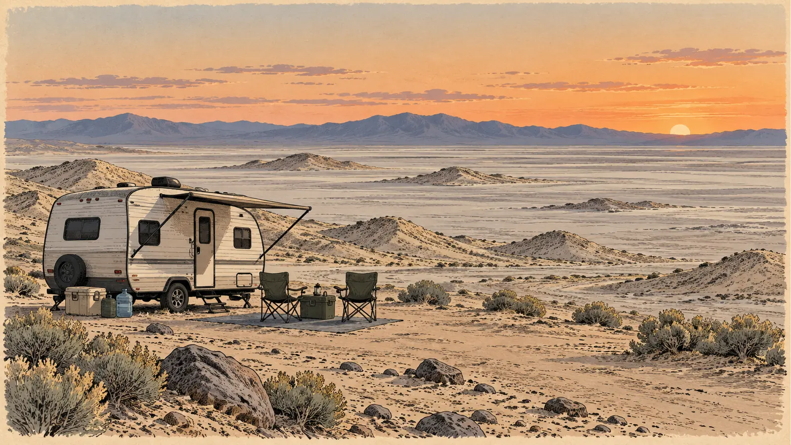 Self-contained trailer camp beneath an open Great Basin sunset