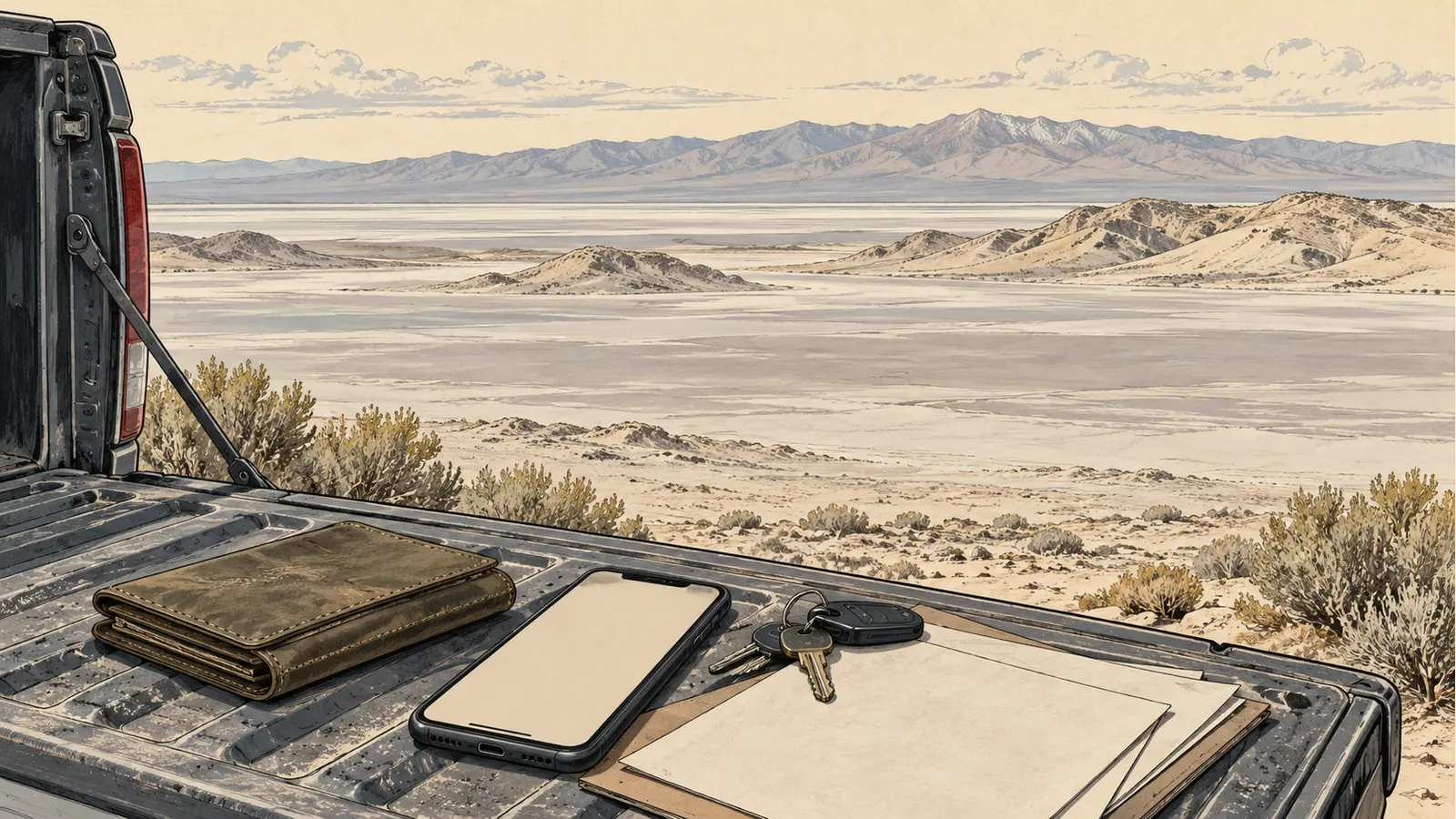 Phone, permit wallet and keys on a tailgate above pale desert hills