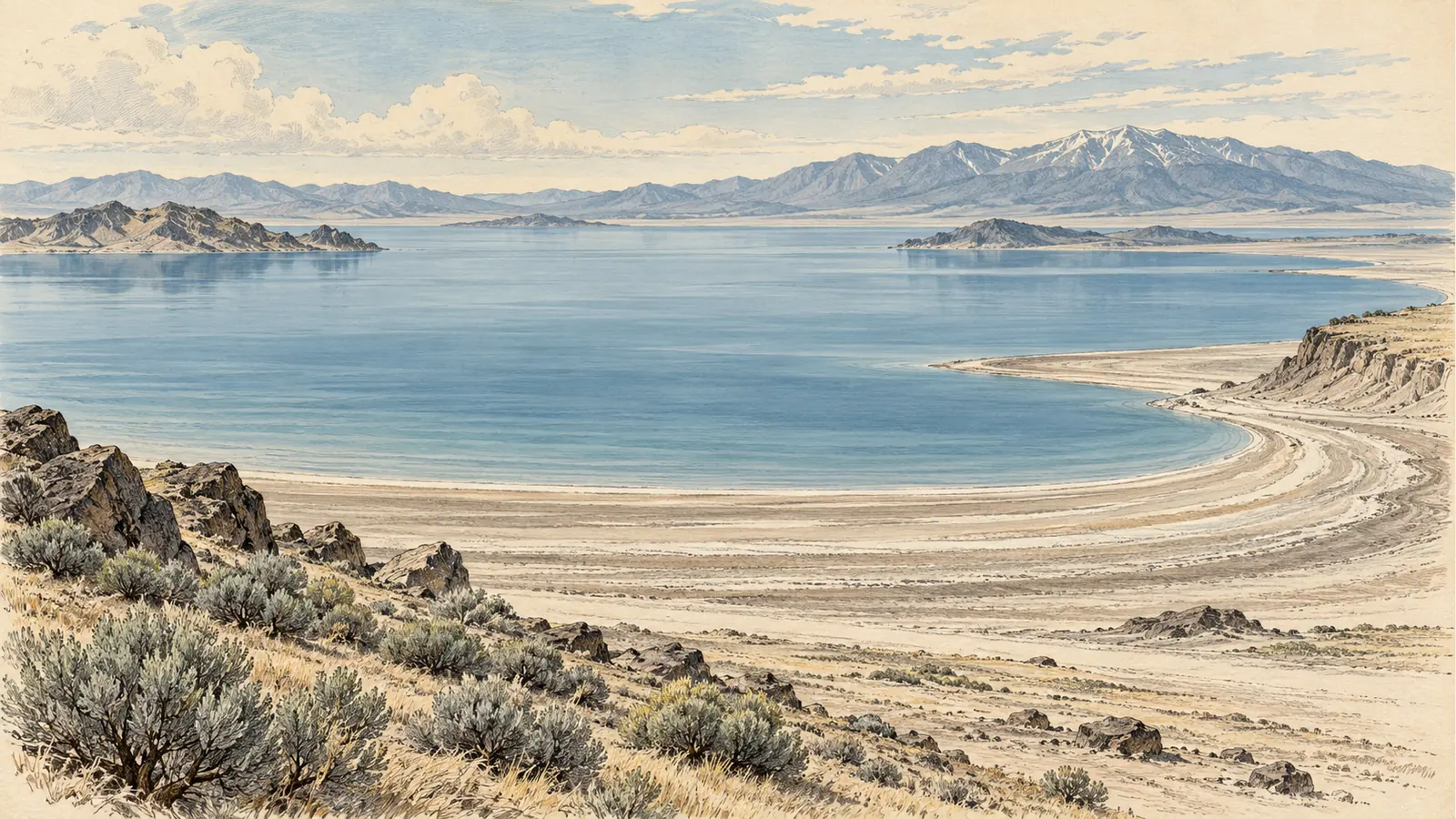 Ancient lake shoreline among pale basin hills and distant mountains