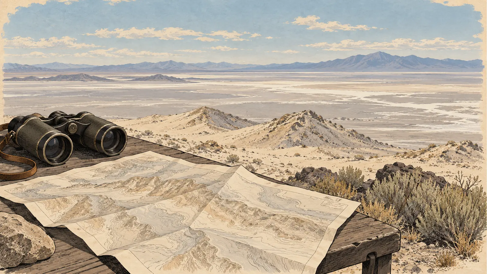 Folded map and binoculars overlooking pale dunes and dry flats