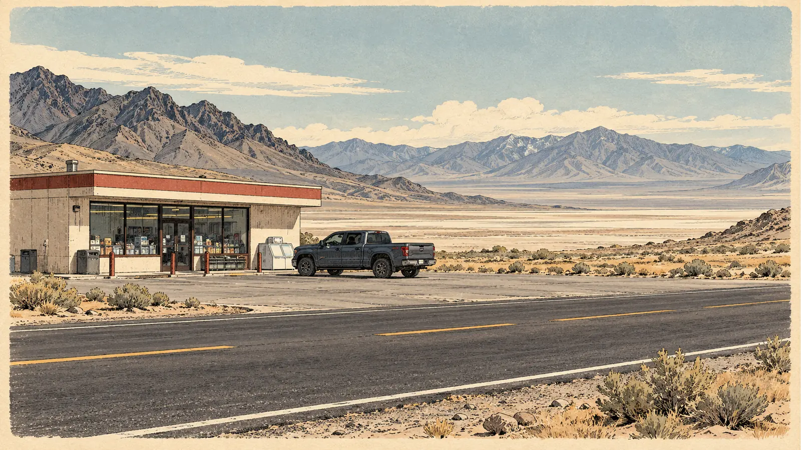 Roadside supply stop and parked pickup in Great Basin country