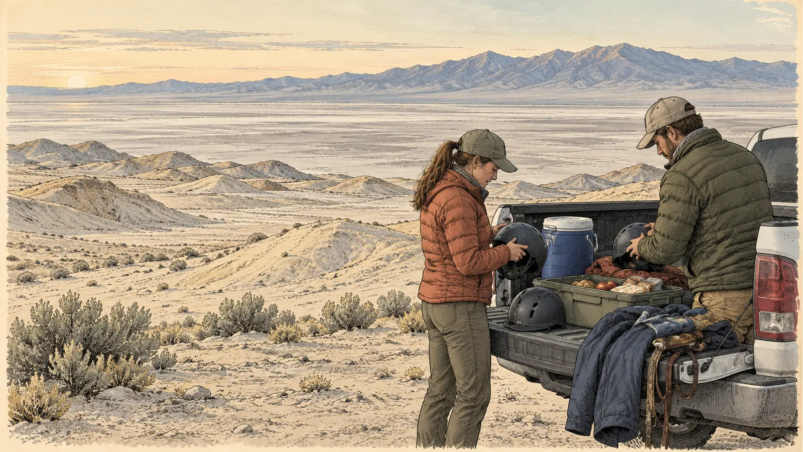 Two travelers organizing water, helmets and warm layers at a tailgate