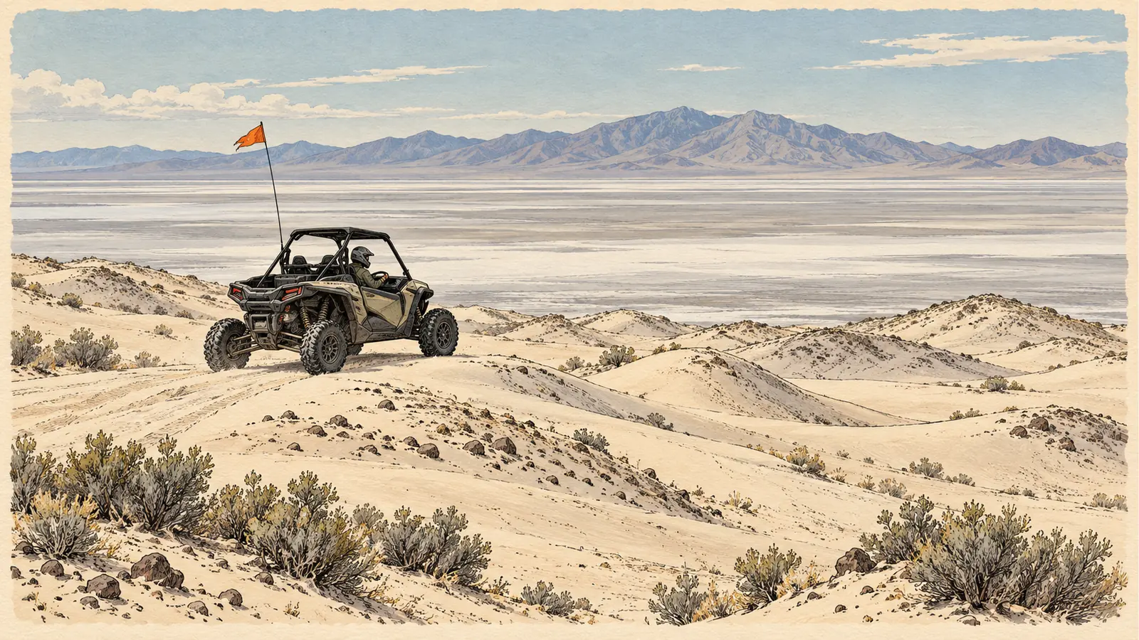 Helmeted side-by-side rider crossing low pale dunes above a dry basin