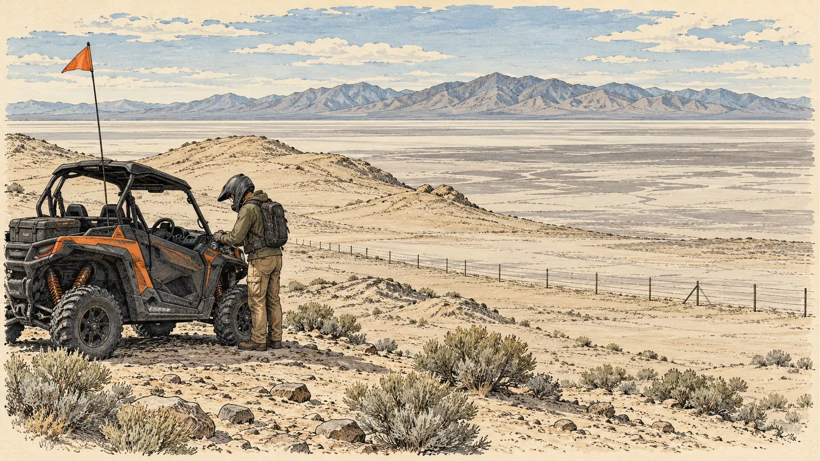 Helmeted adult checking a parked side-by-side near a desert fence