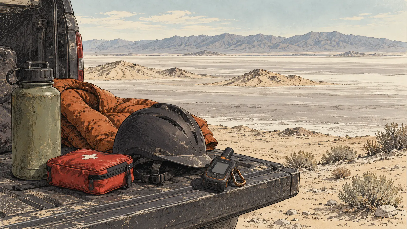 Water, warm layers, helmet and satellite messenger beside a dry basin