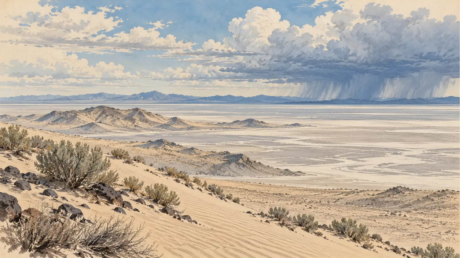 Wind-shaped pale dunes beneath clouds and distant rainfall