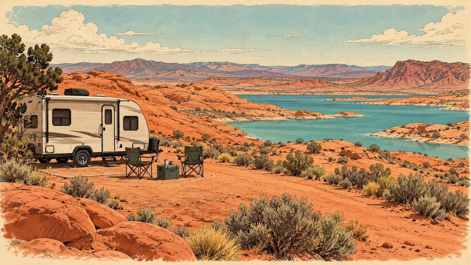 Travel trailer and camp chairs amid red sandstone and reservoir scenery