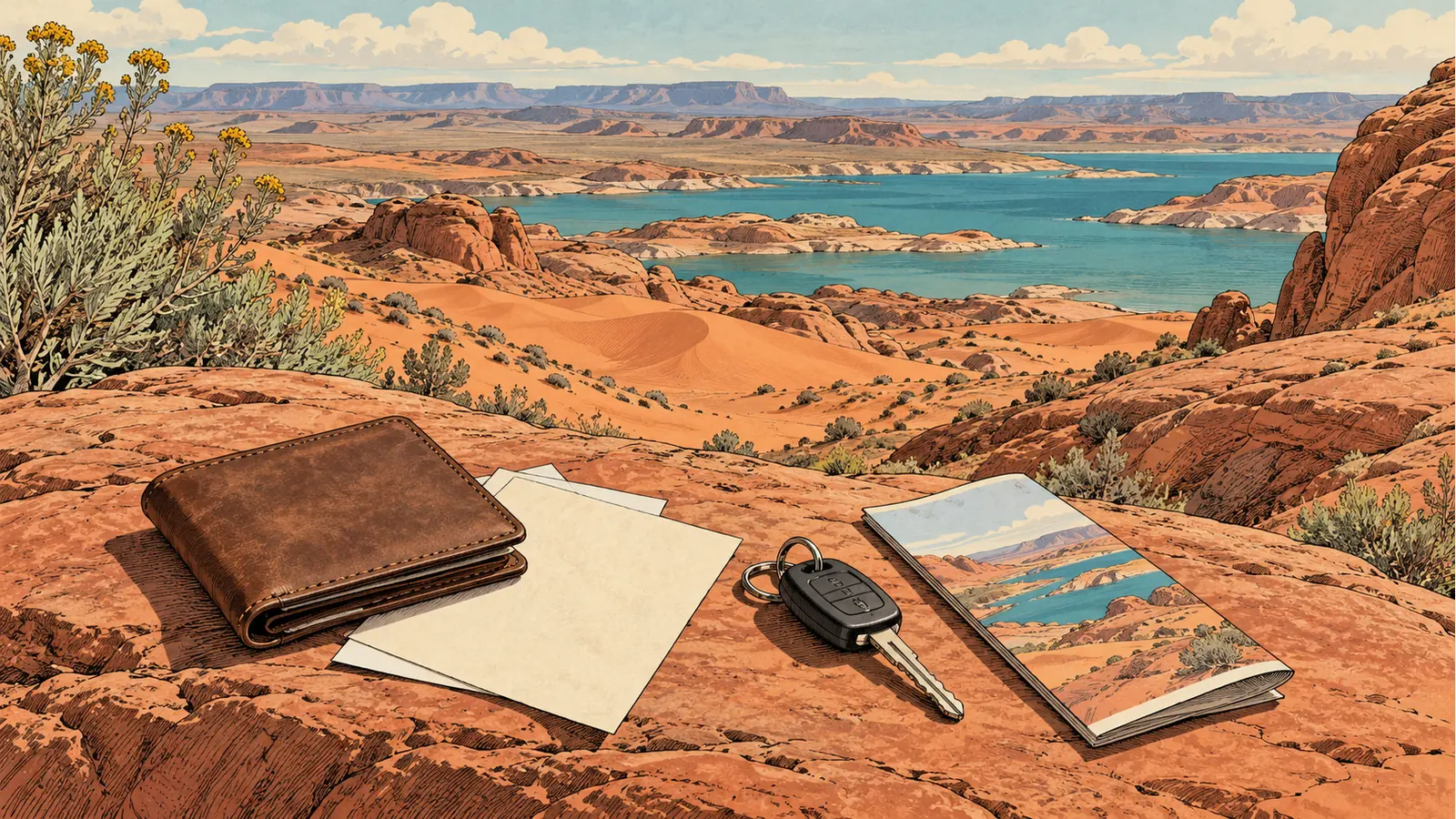 Permit wallet, vehicle key and blank trip papers beside red sandstone