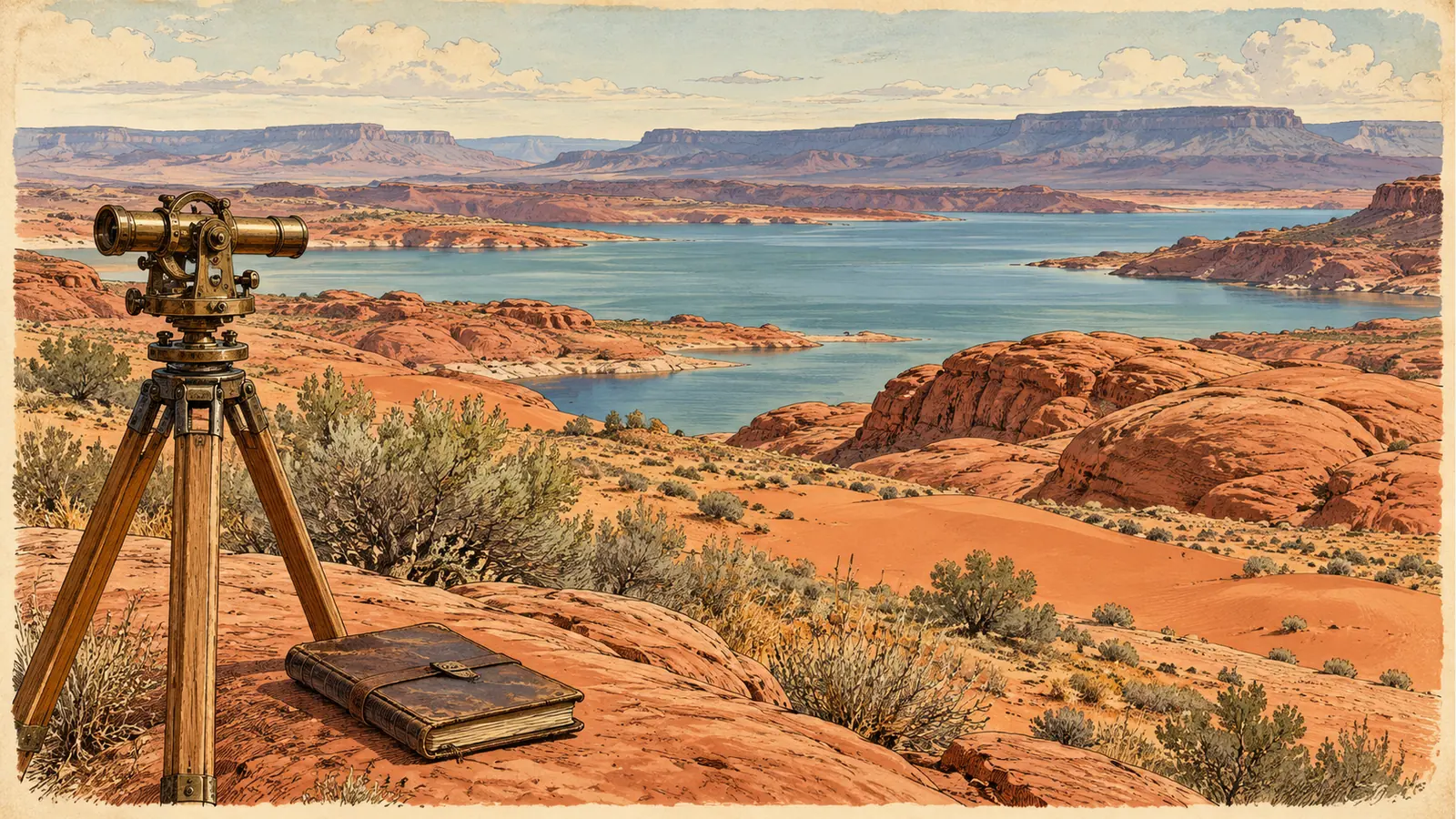 Surveying transit and notebook overlooking desert reservoir country