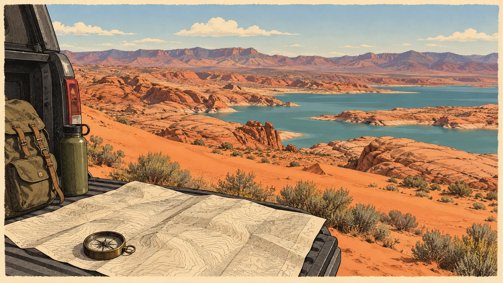 Folded map and compass overlooking red sand and blue reservoir water