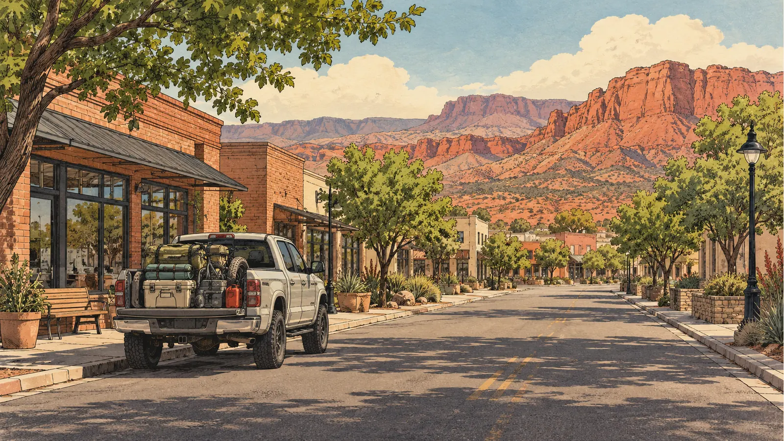 Pickup loaded with camping supplies on a southern Utah town street