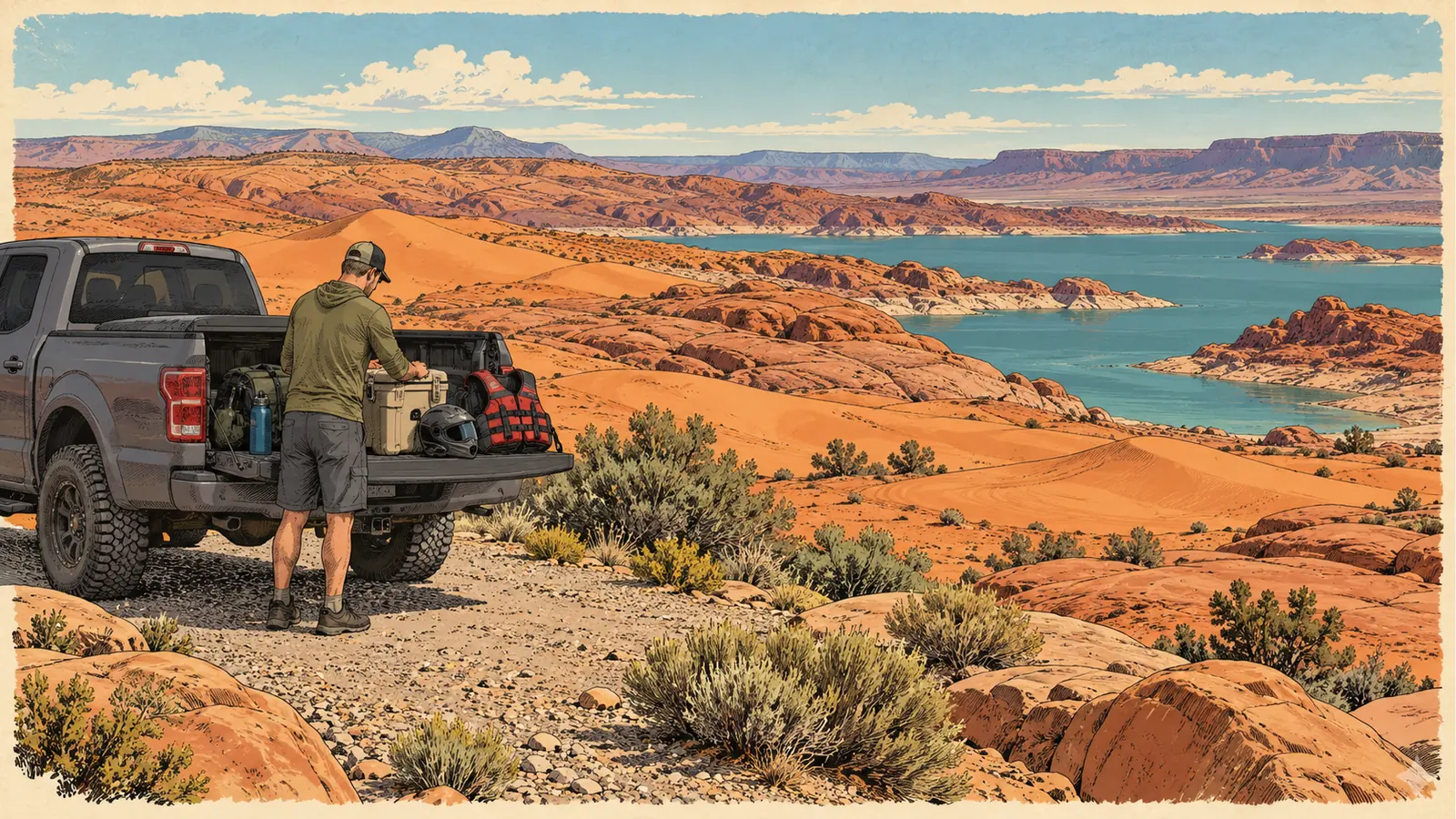 Traveler organizing a cooler, riding helmet and flotation vest