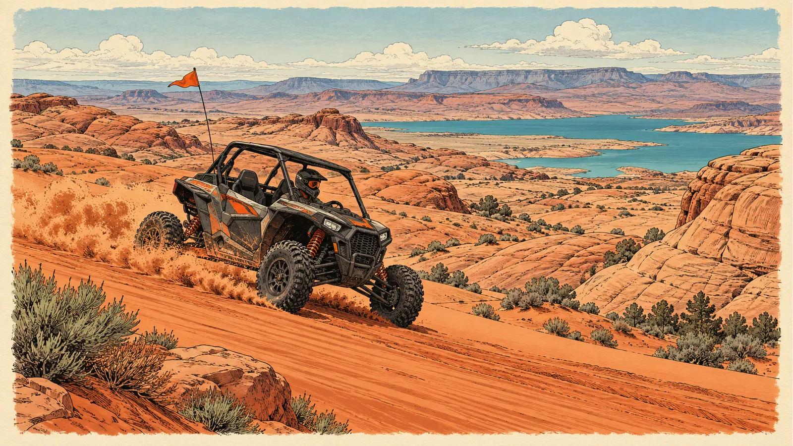 Helmeted side-by-side rider on red sand above a distant reservoir