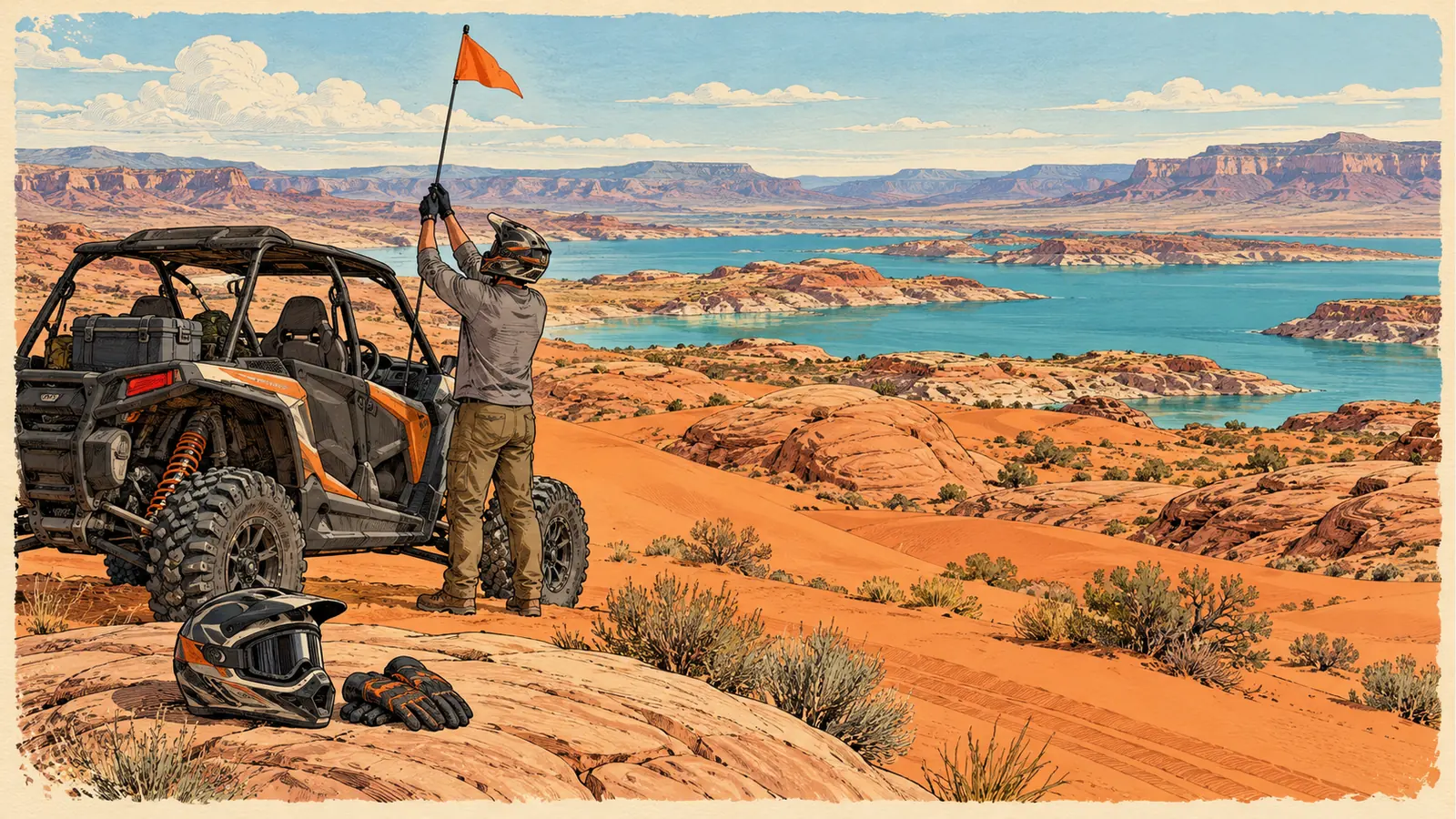 Helmeted adult checking a whip flag on a parked side-by-side
