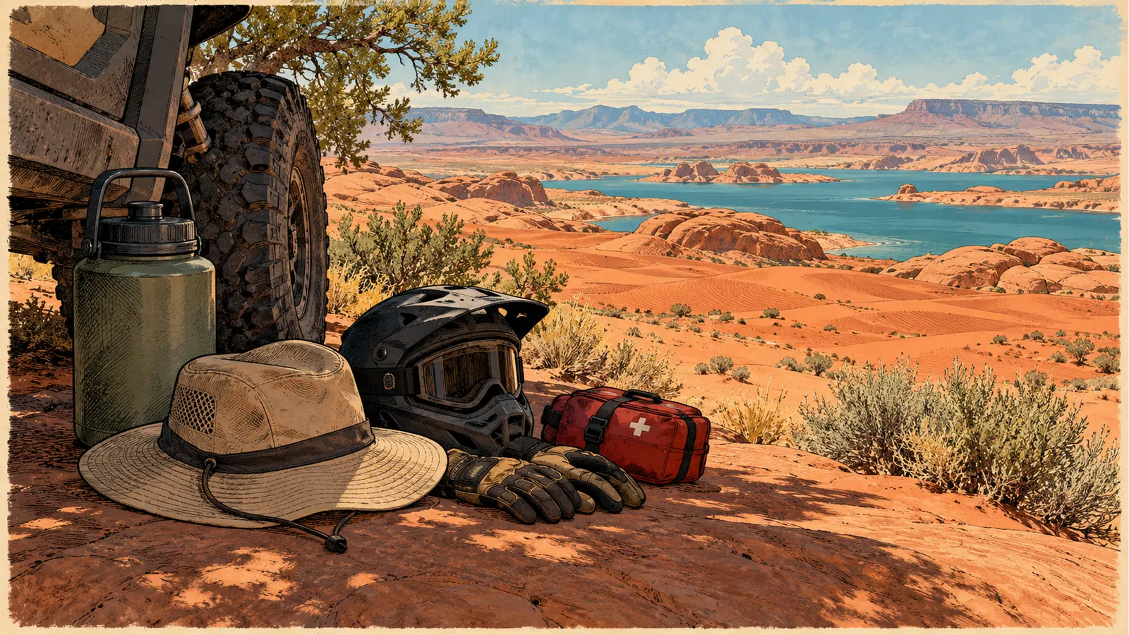 Water, sun hat, helmet and first aid kit beside a parked vehicle