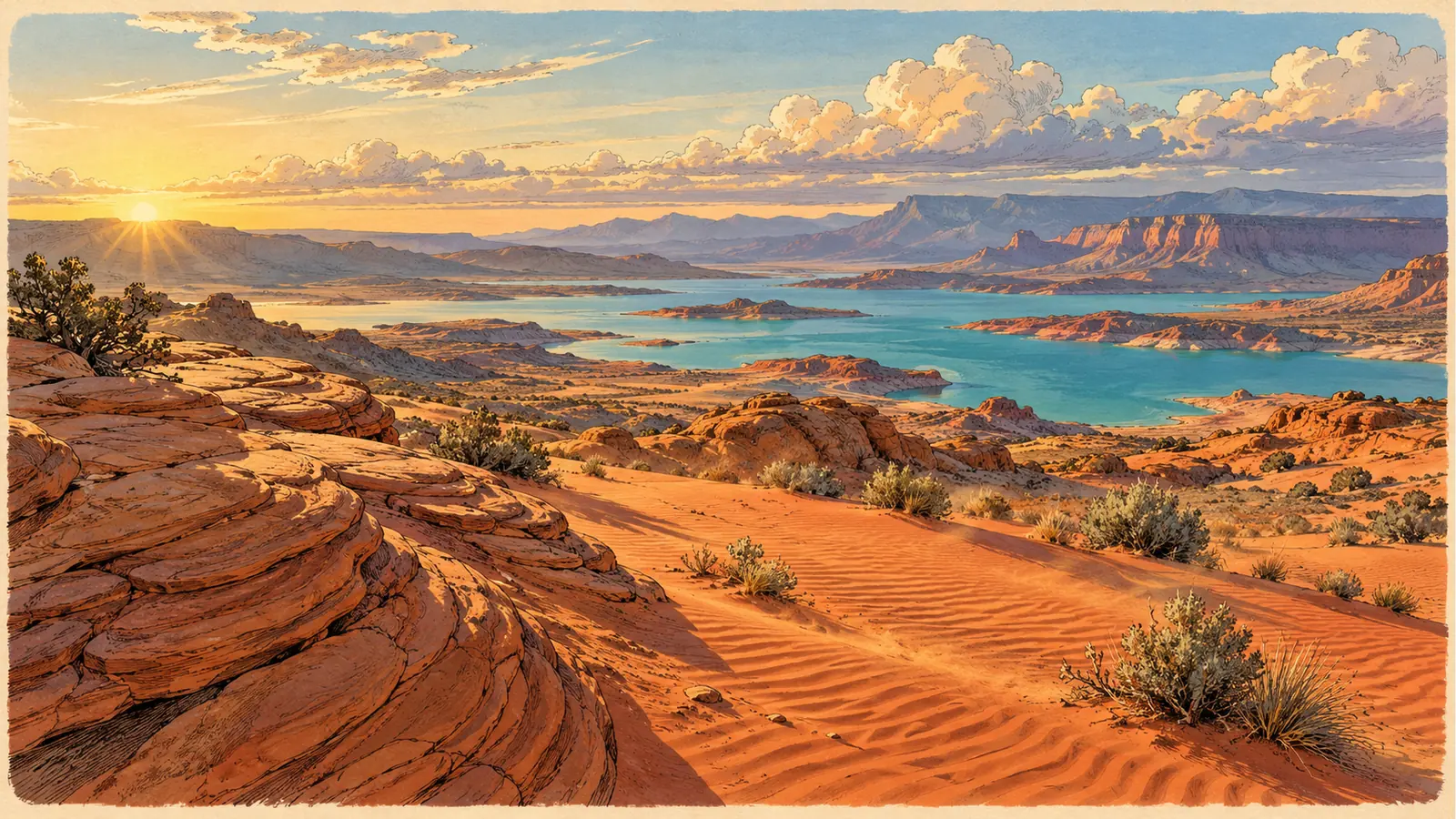 Morning light over red dunes, sandstone and turquoise water
