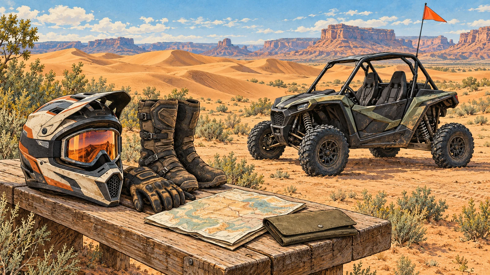 Helmet, goggles, gloves, boots and a map beside a parked UTV with an orange whip flag
