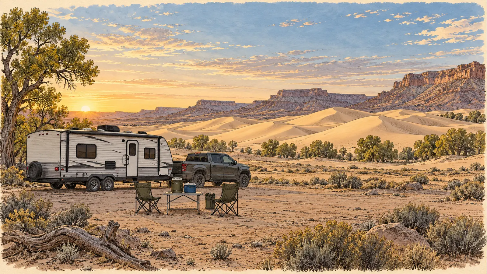 Self-contained trailer camp on a level desert staging pad