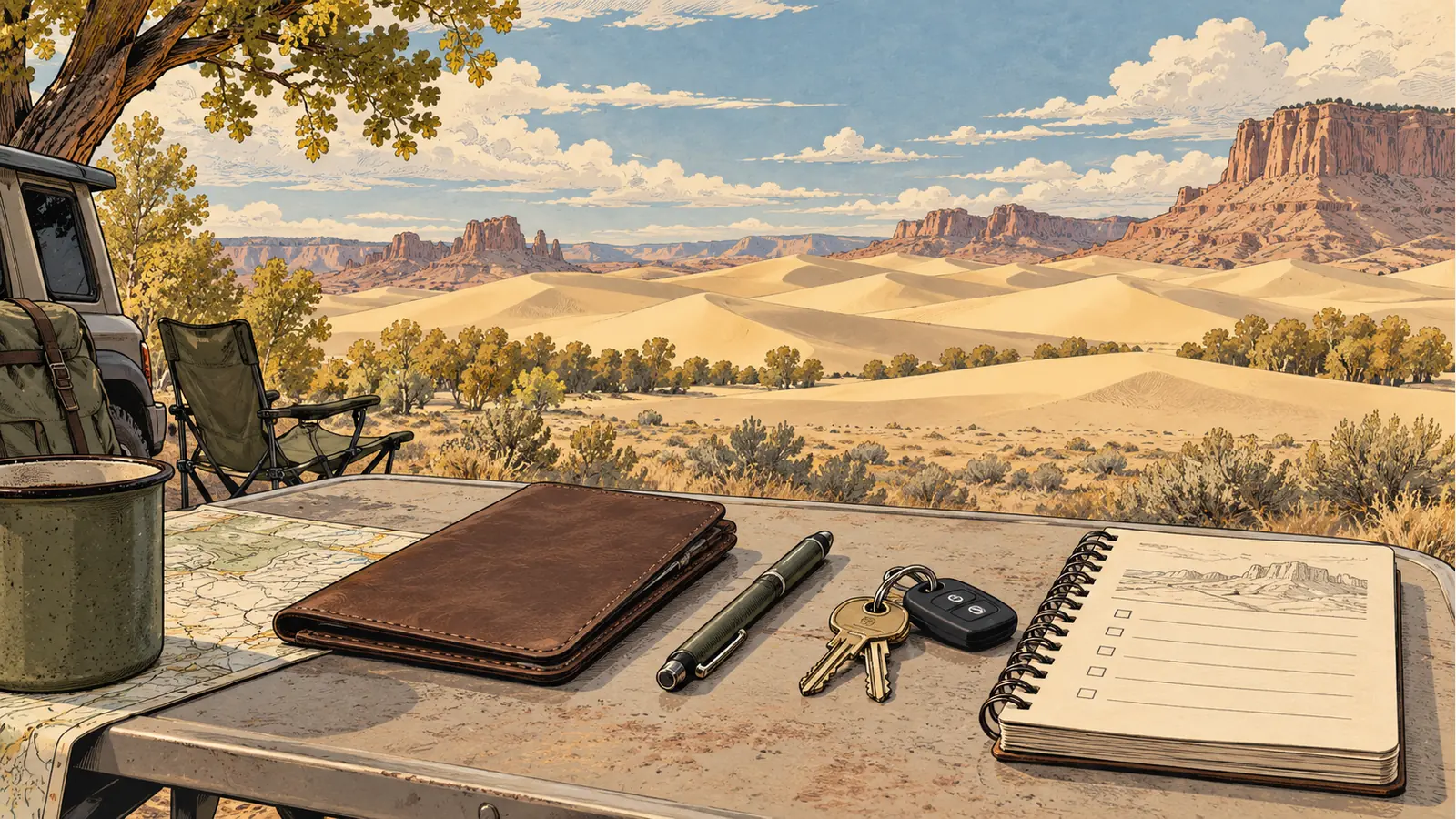 Permit wallet and trip paperwork overlooking remote sandstone country