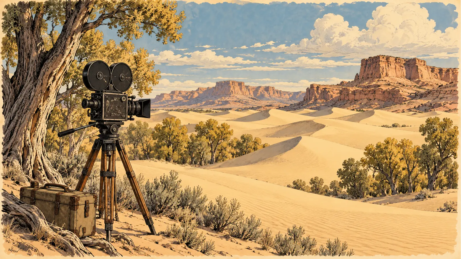 Vintage film camera beside cottonwoods and golden sand