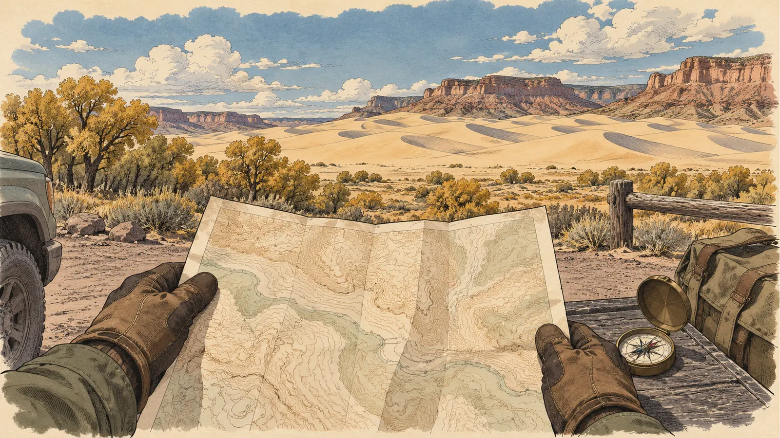 Map and compass held above a pale dune landscape