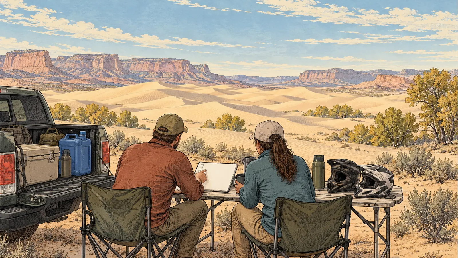 Travelers preparing water and riding gear at a camp table
