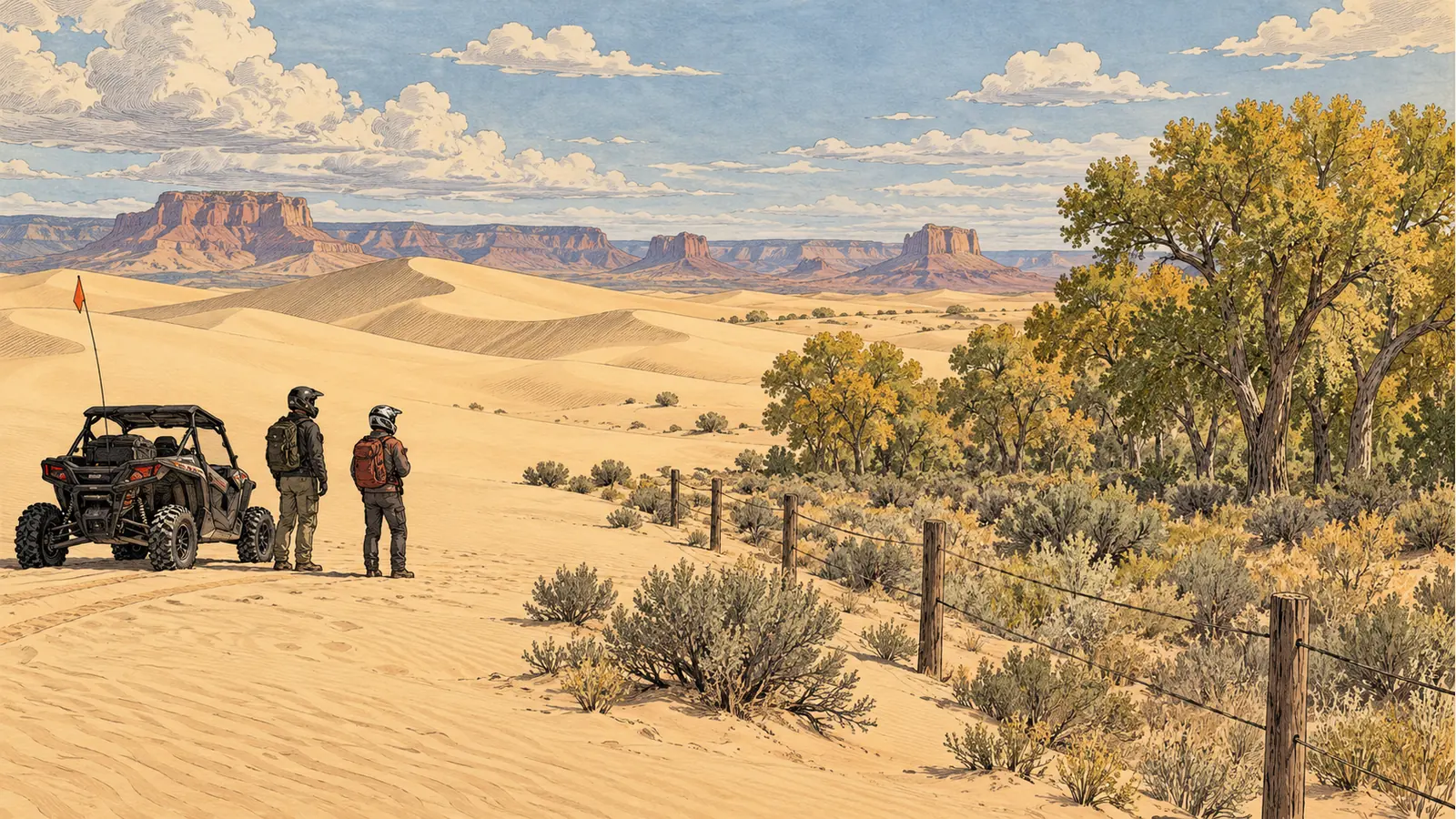 Parked riders beside a fence protecting the desert edge