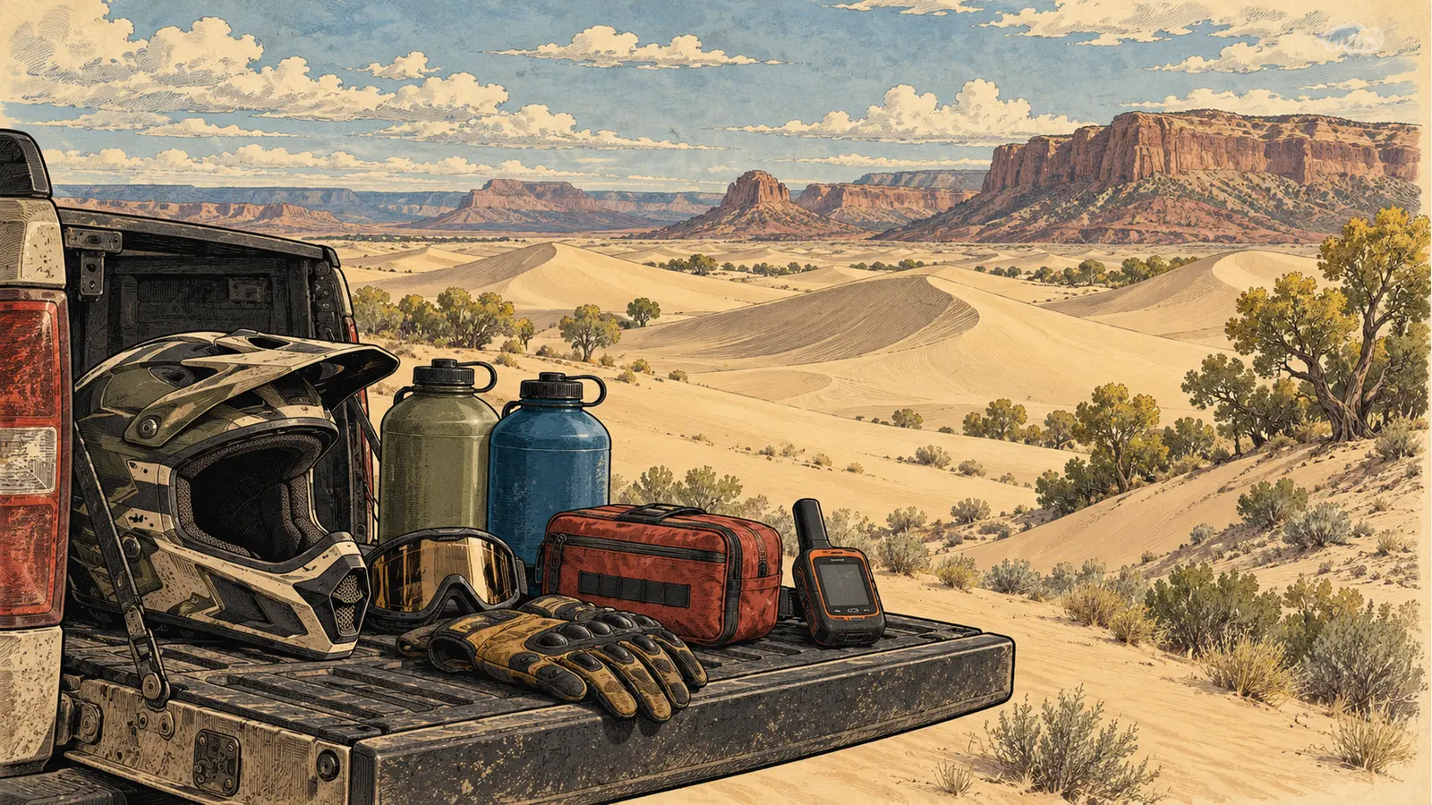 Helmet, water, first aid kit and communication equipment on a tailgate