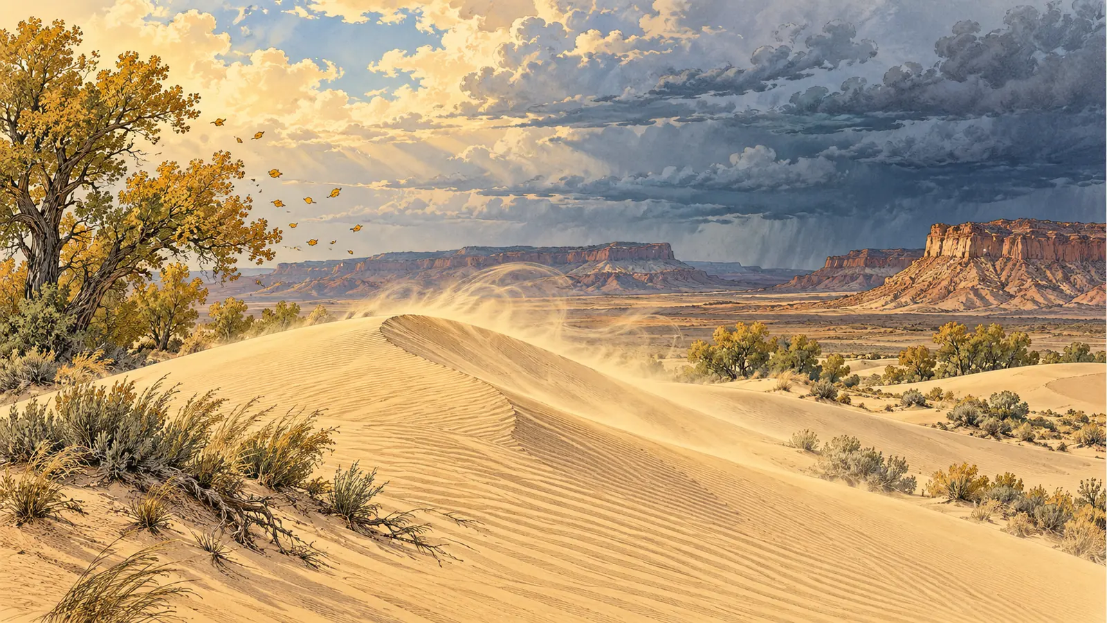 Wind lifting pale sand beneath a changing desert sky